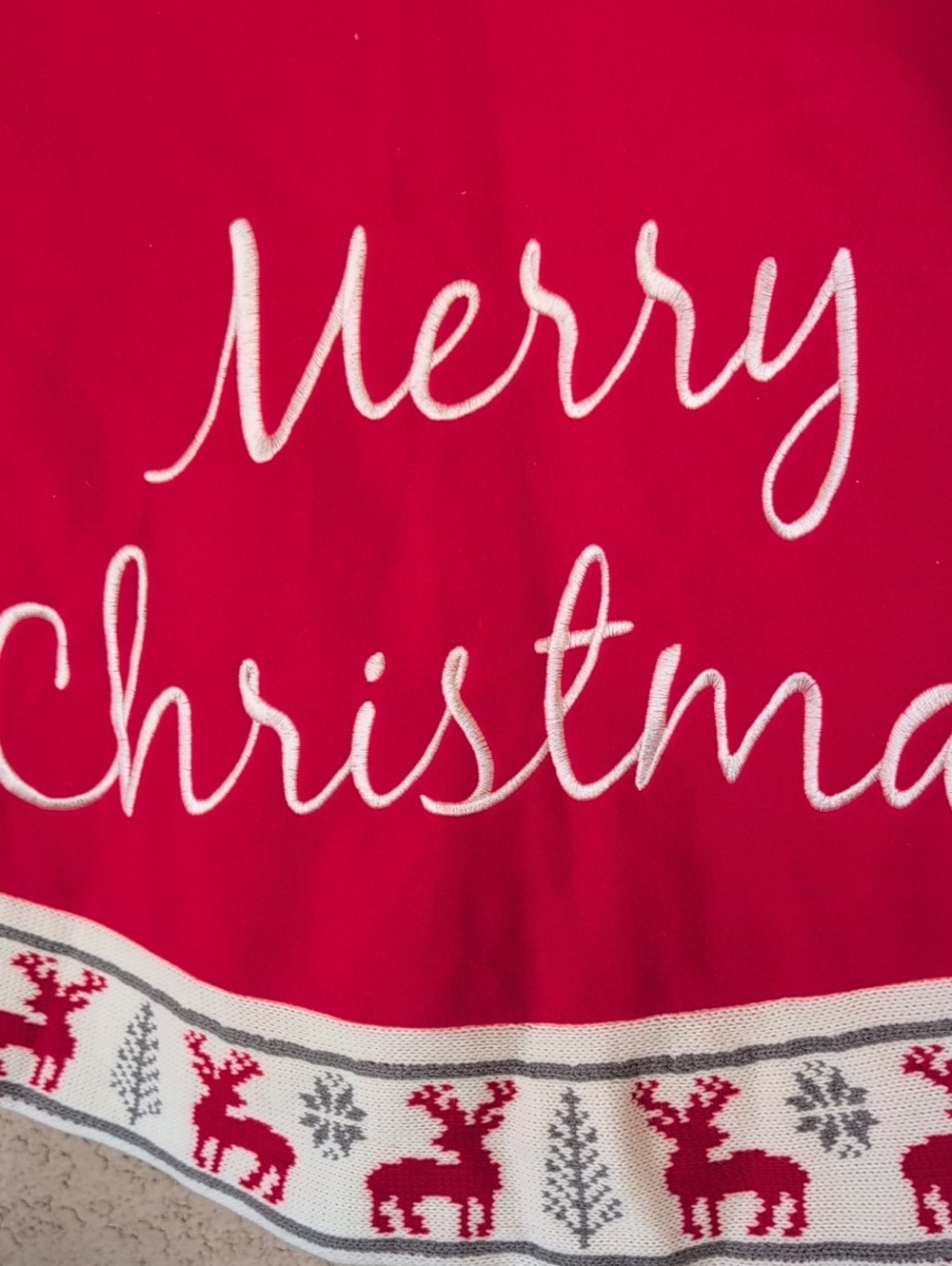 Festive 'Merry Christmas' Red Holiday Tree Skirt Knitted Nordic Reindeer